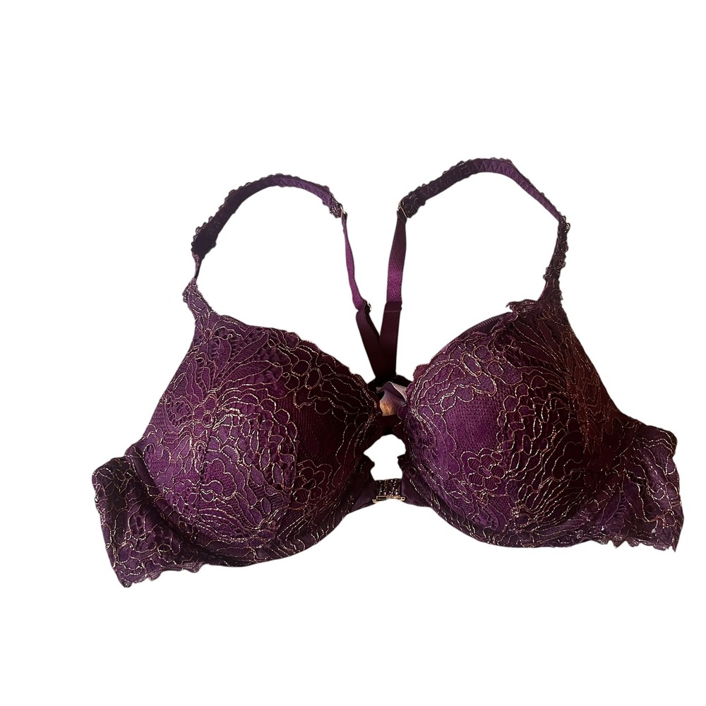 Victorias Secret Very Sexy Push Up Bra 38B Plum Purple Gold Lace Front Close